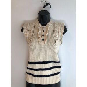 Authentic DSquared2 Ruffle Trim Sleeveless Sweater, Cream w/Navy Stripes, Sz S